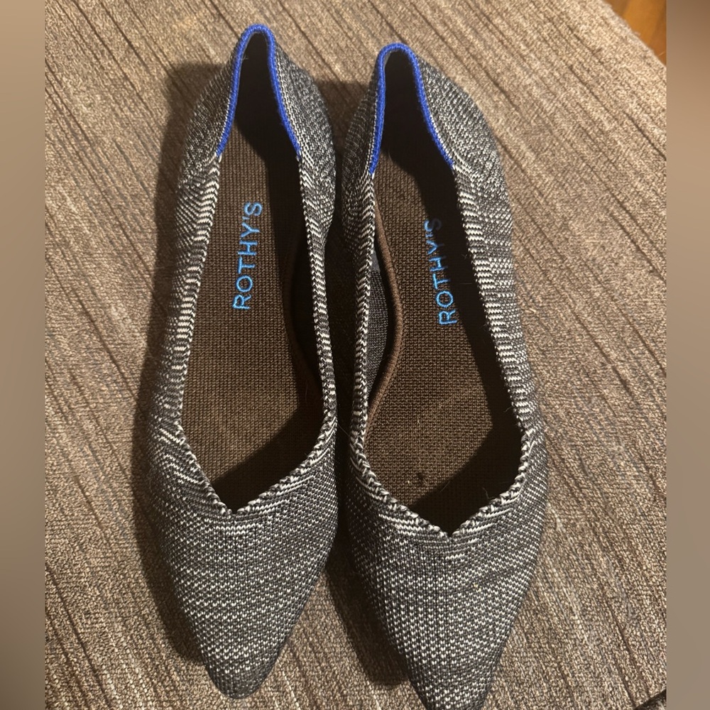 Rothy's The Point ballet flats in the retired "Granite Heather" color with blue